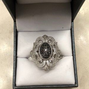 Large Black & White Diamond 925 Sterling Silver Ring